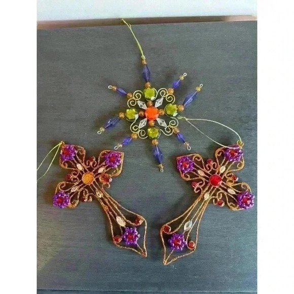 Jeweled Cross And Snowflake‎ Ornaments (Lot Of 3) - Picture 3 of 6